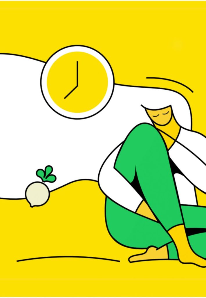 Stylised line illustration of female figure, a clock in white, green and yellow.