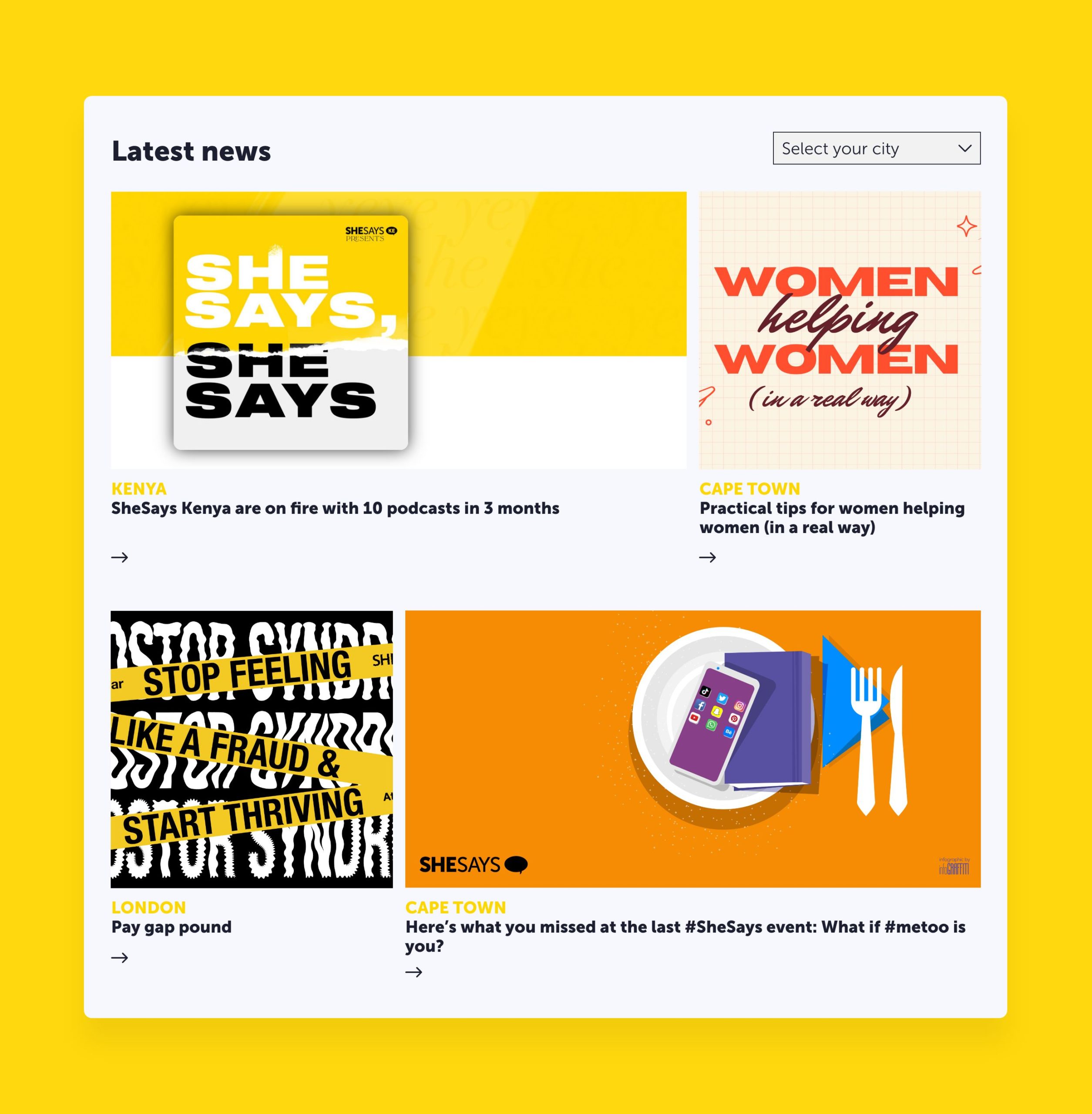 Website layout with bright, bold golden colours and evocative typography combinations.