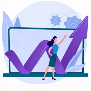 illustrated woman pointing upwards with scaling arrow on a computer