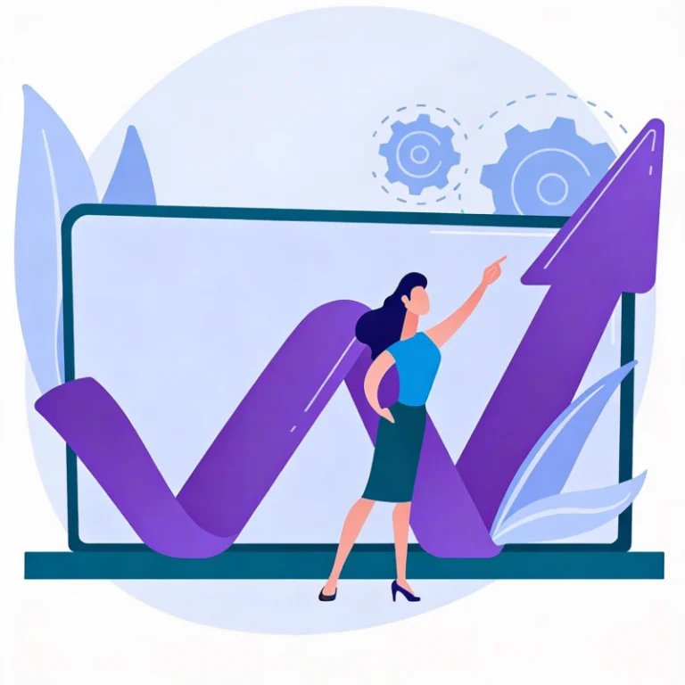 illustrated woman pointing upwards with scaling arrow on a computer