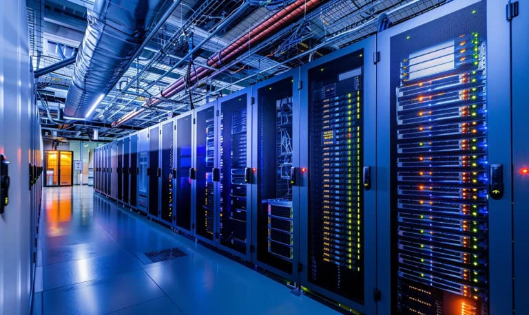 blue & purple toned data centre with blinking lights