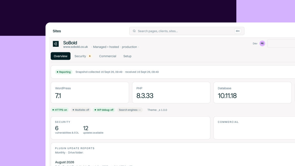 SoBold site dashboard showing WordPress, PHP and database versions and security status